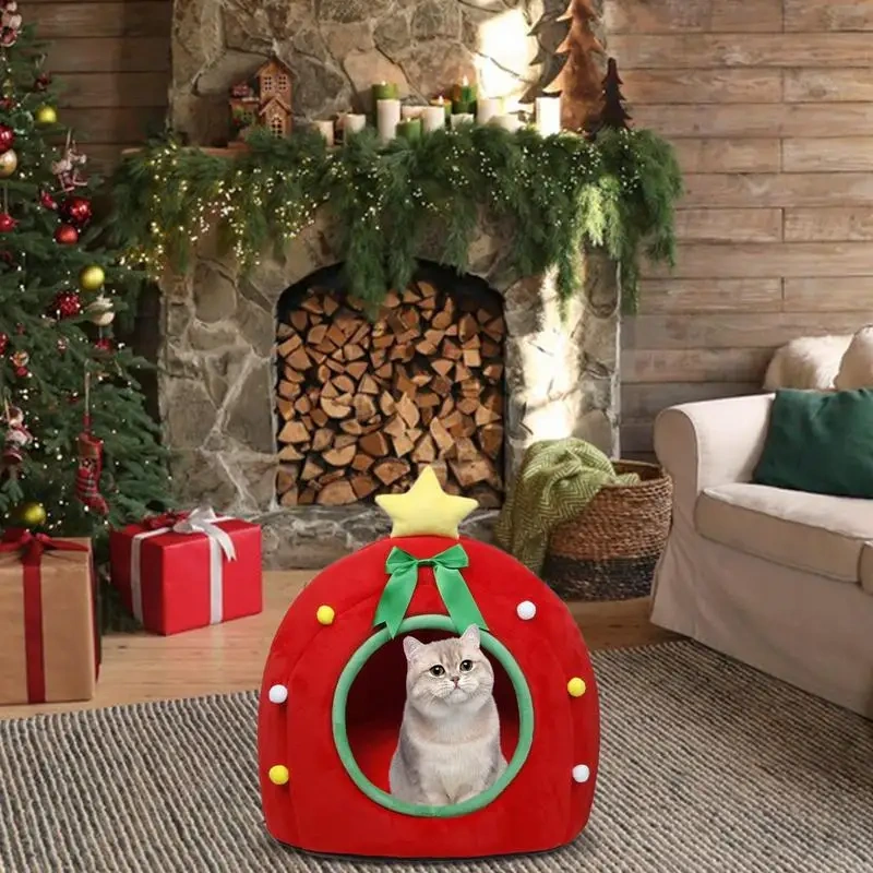 Christmas Dog Cat Bed House Christmas Tree Shape Pet Cat Home Warm Sleeping Nest Dog Cat Soft Warm Removable Kennel Pet Supplies