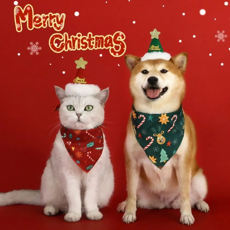 2Pcs Cute Kitten Dress Up Accessories Christmas Tree Bat Triangle Scarf Cat Christmas Bib Hat Set Santa Claus Felt Dog Headwear