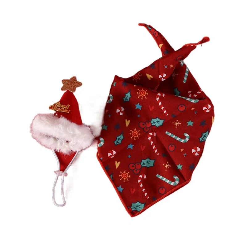 2Pcs Cute Kitten Dress Up Accessories Christmas Tree Bat Triangle Scarf Cat Christmas Bib Hat Set Santa Claus Felt Dog Headwear
