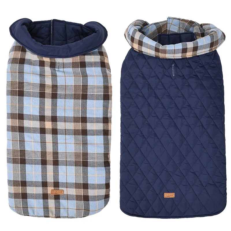Warm Fleece Jacket with Belt for Dogs, Big Dog Clothes, Plaid Print, Greyhound Weimaraner Clothing, Winter Fashion