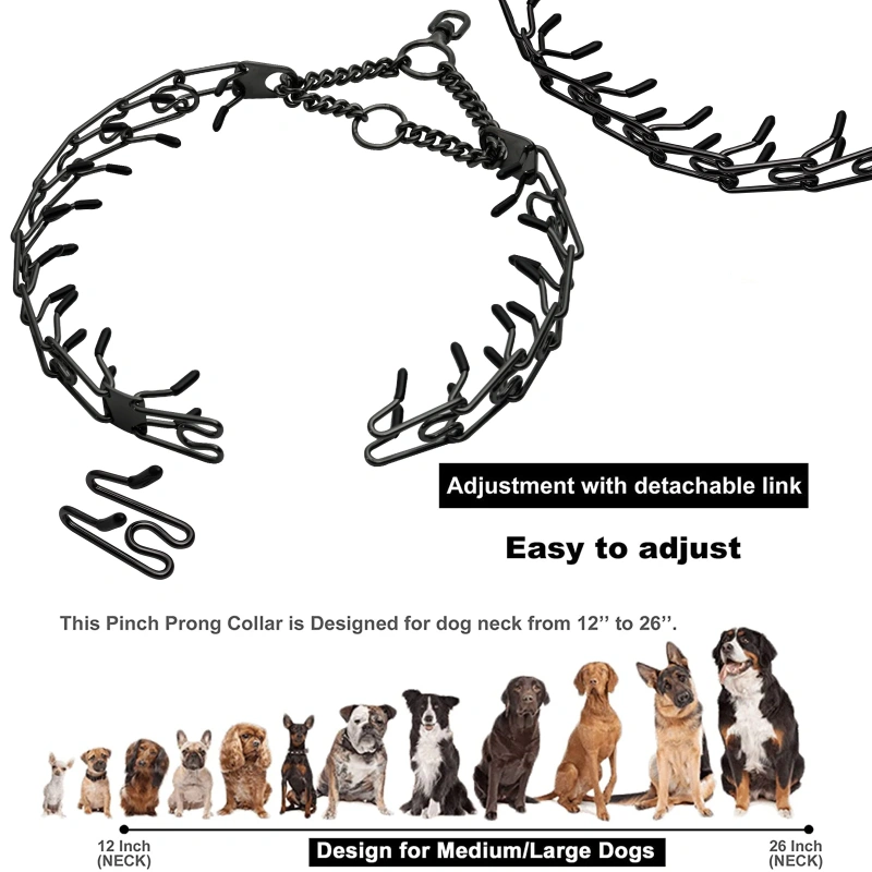 Adjustable Metal Pet Prong Necklace Dog Collar Stainless Steel Pinch Dog Training Collar with Comfort Rubber Tips