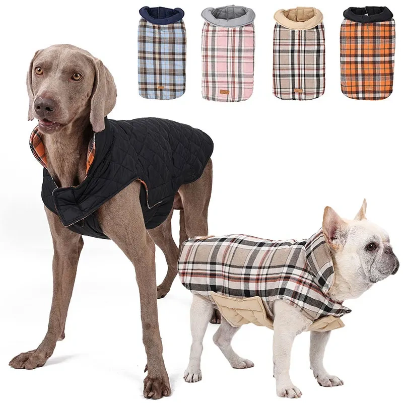 Warm Fleece Jacket with Belt for Dogs, Big Dog Clothes, Plaid Print, Greyhound Weimaraner Clothing, Winter Fashion