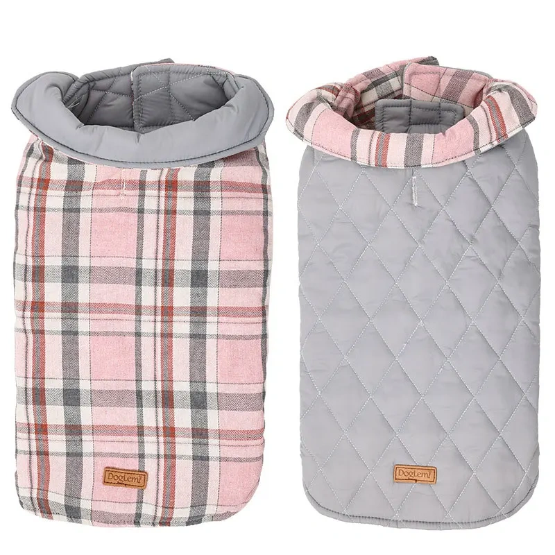 Warm Fleece Jacket with Belt for Dogs, Big Dog Clothes, Plaid Print, Greyhound Weimaraner Clothing, Winter Fashion