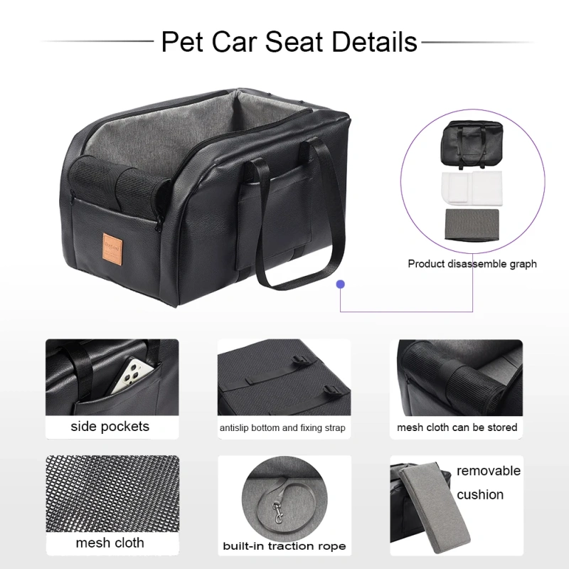 Small Dog Cat Car Seat Pet Booster Seat Dog Interactive Travel Safety Car Carrier with Side Pocket Storage Easy Cleaning
