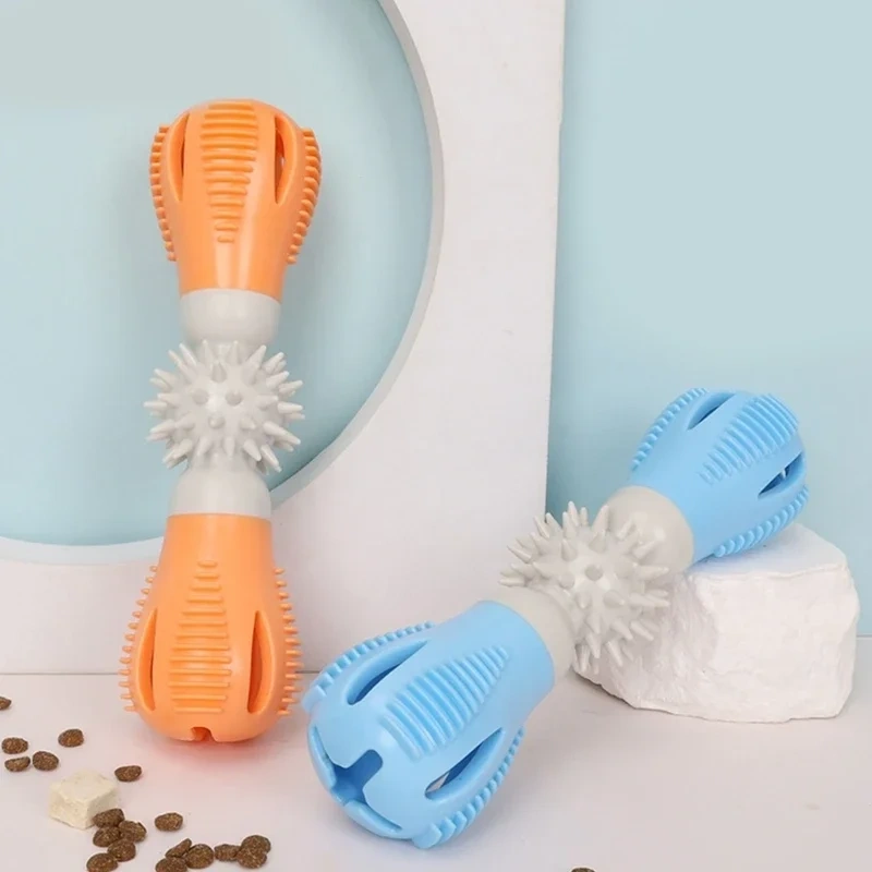 Dispensing Dog Toy Brushing Teeth Dumbbell Teething Bites Phonation Toy for Smarted Feeding