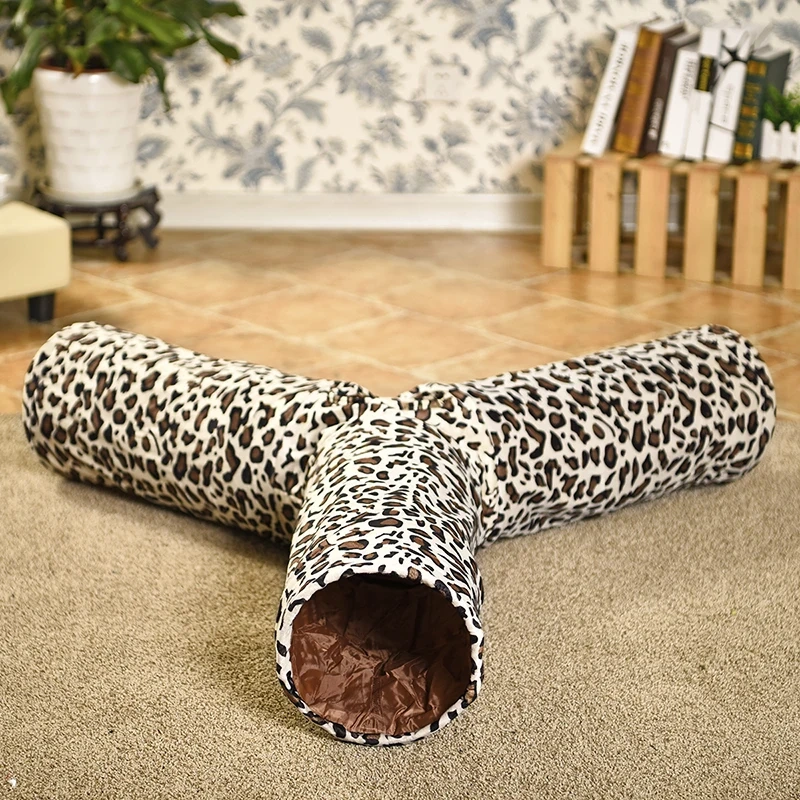 Pet Tunnel 3 Holes Leopard Crinkle Kitten Play Toy with Ball Collapsible Tunnel Tube for Small Medium and Large Cats Rabbit