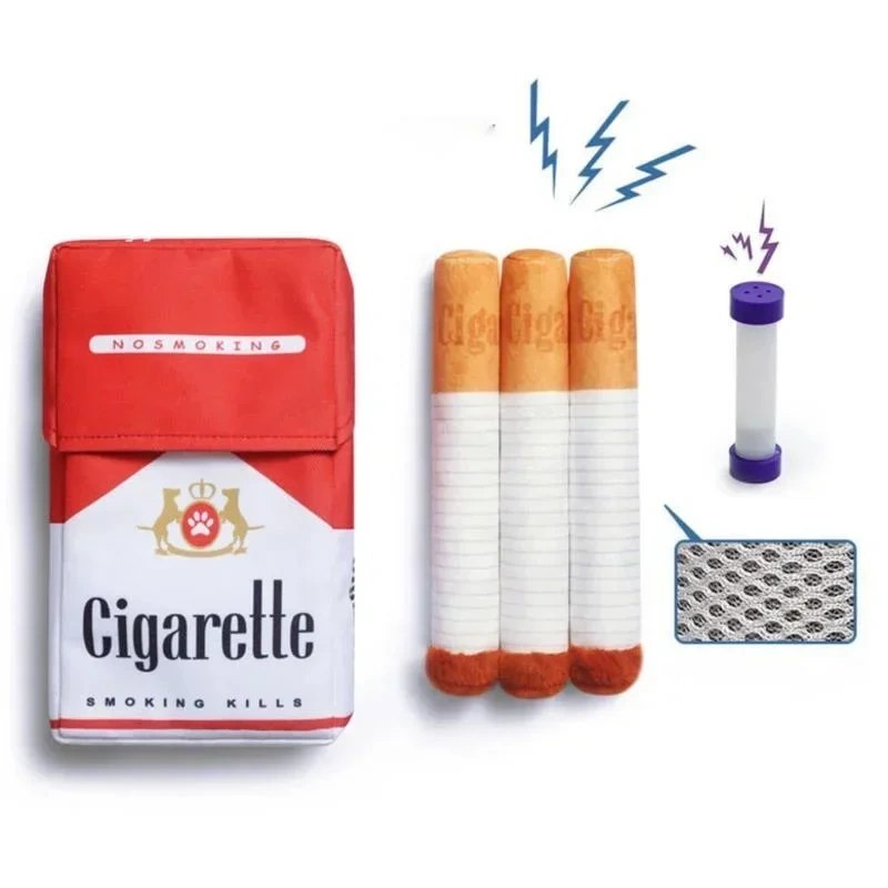 Creative Plush Cigarette Dog Doll Dog Cigarette Box Sound Making Pet Toy  Bite Resistant Grinding Plush Toy 3 Cigarettes Box
