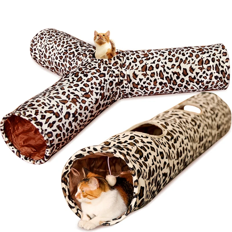 Pet Tunnel 3 Holes Leopard Crinkle Kitten Play Toy with Ball Collapsible Tunnel Tube for Small Medium and Large Cats Rabbit