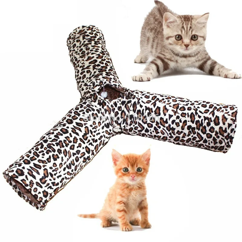 Pet Tunnel 3 Holes Leopard Crinkle Kitten Play Toy with Ball Collapsible Tunnel Tube for Small Medium and Large Cats Rabbit