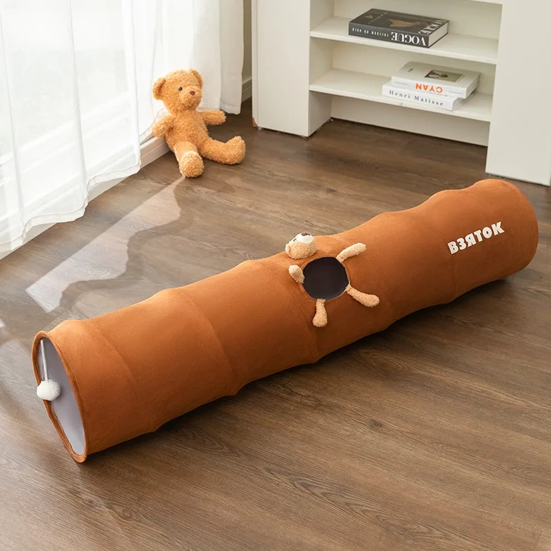Straight Cat Tunnels for Indoor Cats,Collapsible Cat Tunnel for Small Medium Large Cats with Cat Toy Ball,Cute Bear