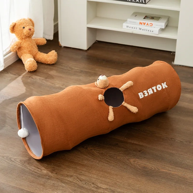 Straight Cat Tunnels for Indoor Cats,Collapsible Cat Tunnel for Small Medium Large Cats with Cat Toy Ball,Cute Bear