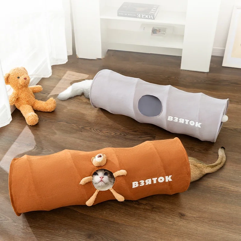 Straight Cat Tunnels for Indoor Cats,Collapsible Cat Tunnel for Small Medium Large Cats with Cat Toy Ball,Cute Bear