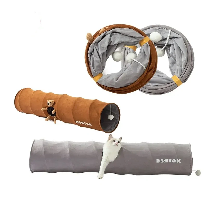 Straight Cat Tunnels for Indoor Cats,Collapsible Cat Tunnel for Small Medium Large Cats with Cat Toy Ball,Cute Bear