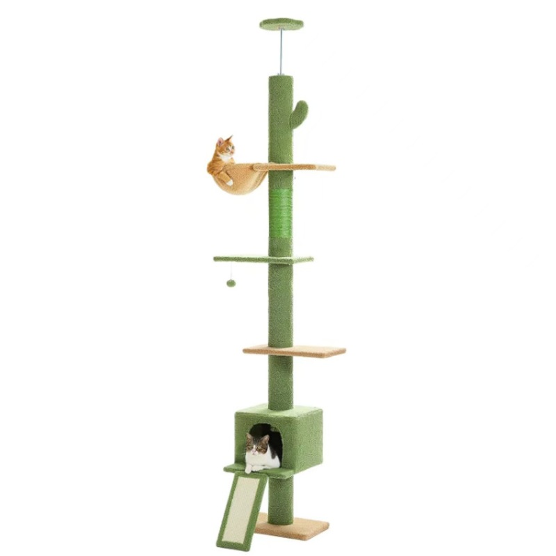 Cat Tree 5-Tier Floor to Ceiling Cat Tower Cactus Tall Climbing Tree with Scratching Post Hammock Dangling Ball for Indoor Cats