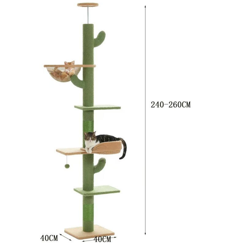 Cat Tree 5-Tier Floor to Ceiling Cat Tower Cactus Tall Climbing Tree with Scratching Post Hammock Dangling Ball for Indoor Cats