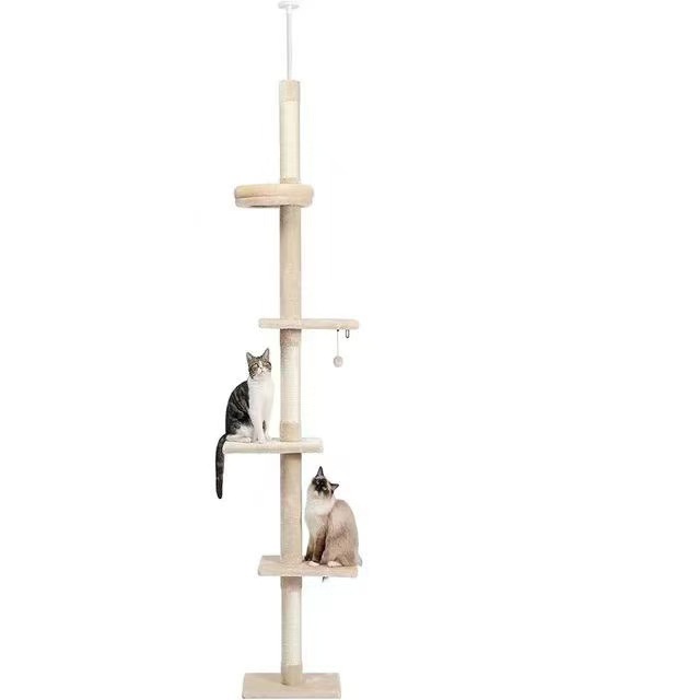 Cat Tree 5-Tier Floor to Ceiling Cat Tower Cactus Tall Climbing Tree with Scratching Post Hammock Dangling Ball for Indoor Cats
