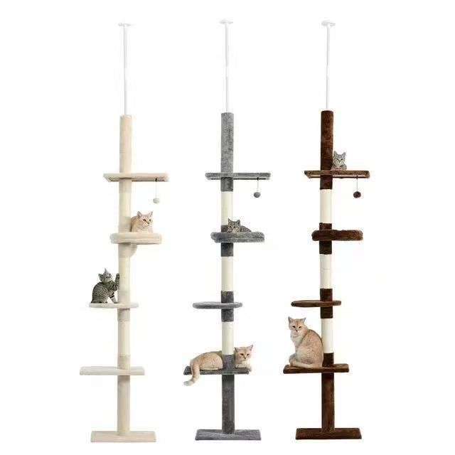 Cat Tree 5-Tier Floor to Ceiling Cat Tower Cactus Tall Climbing Tree with Scratching Post Hammock Dangling Ball for Indoor Cats