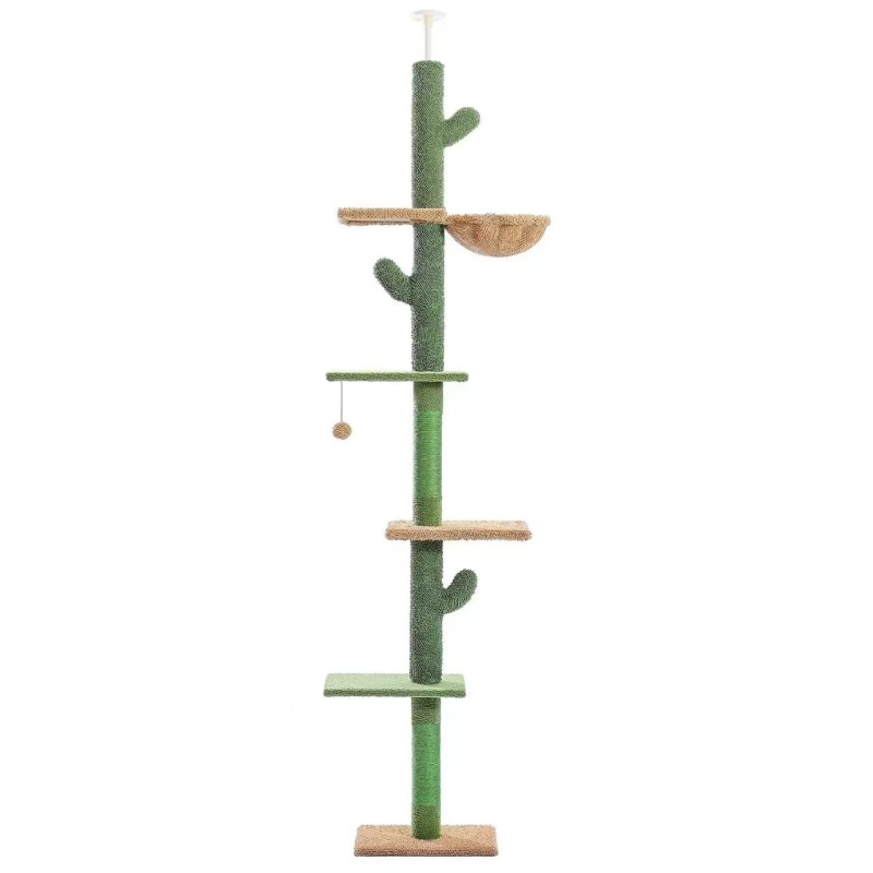Cat Tree 5-Tier Floor to Ceiling Cat Tower Cactus Tall Climbing Tree with Scratching Post Hammock Dangling Ball for Indoor Cats