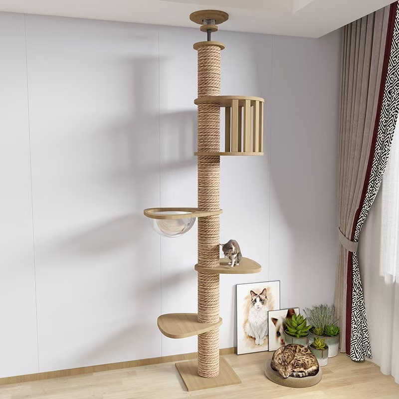 Solid Wood Cat Climbing Frame Adjustable Height Cat Tree Multi Tier Cats Trees Scratching Pet Condo Large Outdoor Climbing Tower