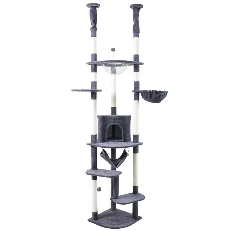 Floor to Ceiling Cat Tree Adjustable Cat Tower Tall Kitty Climbing Play House with Scratching Posts Cozy Condo Perches Hammock