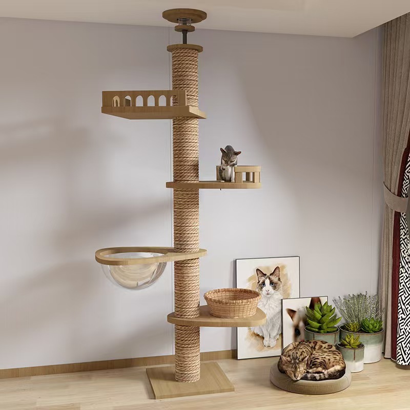 Solid Wood Cat Climbing Frame Adjustable Height Cat Tree Multi Tier Cats Trees Scratching Pet Condo Large Outdoor Climbing Tower