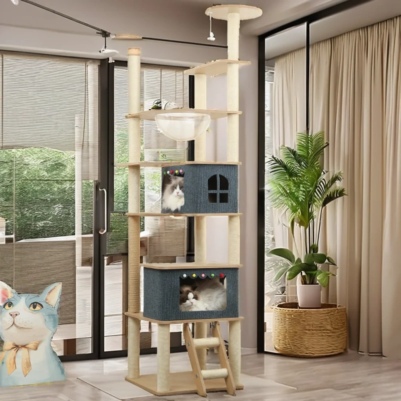 Sustainable Interactive Wooden Cat Furniture Big Sale Cat Tree Tower with Removable Bed Scratcher and Toy Cat House