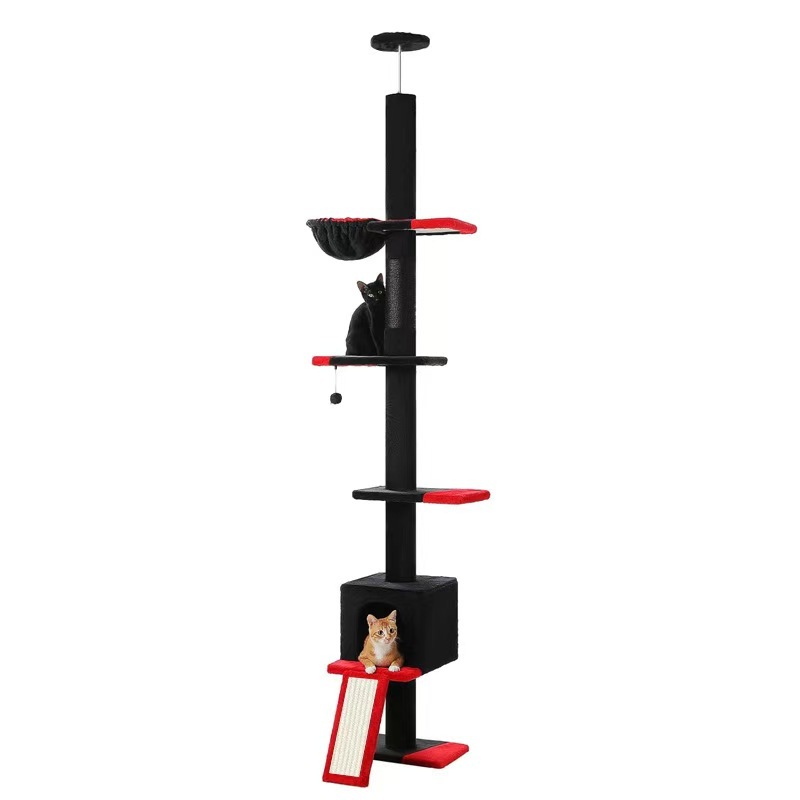 Gothic Cat Tree, Floor to Ceiling Cat Tower with Adjustable Height 5 Tiers Black Cat Condo with Cozy Hammock  Scratching Posts