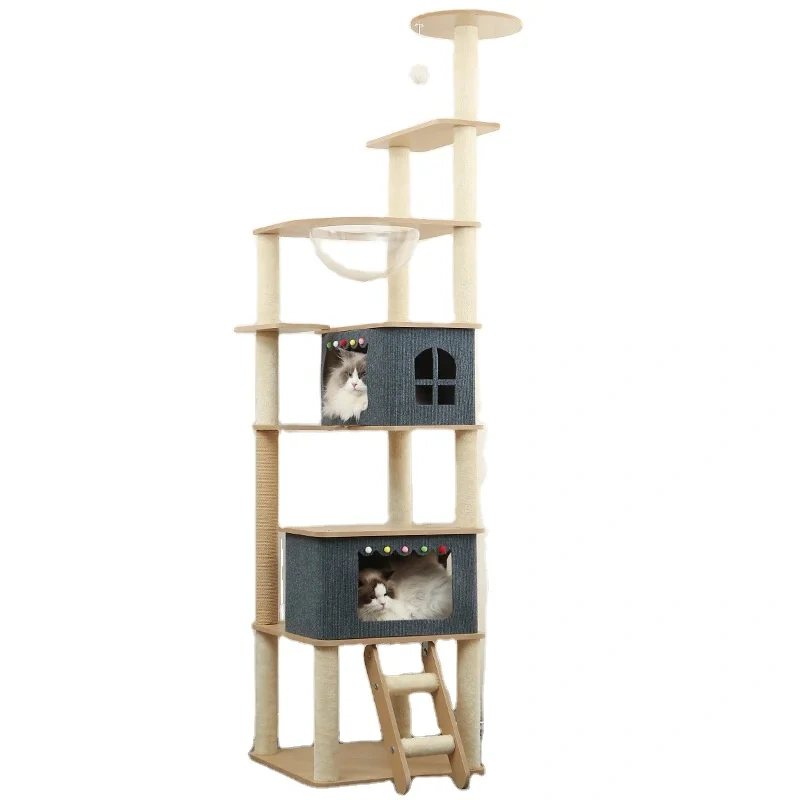 Sustainable Interactive Wooden Cat Furniture Big Sale Cat Tree Tower with Removable Bed Scratcher and Toy Cat House