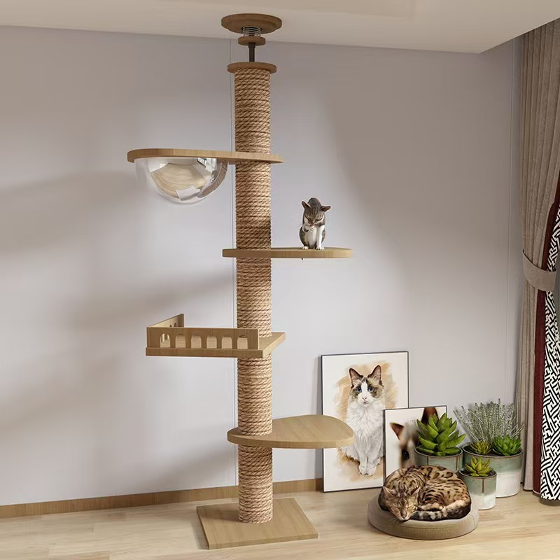 Solid Wood Cat Climbing Frame Adjustable Height Cat Tree Multi Tier Cats Trees Scratching Pet Condo Large Outdoor Climbing Tower
