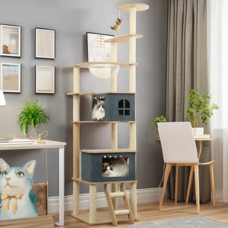 Sustainable Interactive Wooden Cat Furniture Big Sale Cat Tree Tower with Removable Bed Scratcher and Toy Cat House