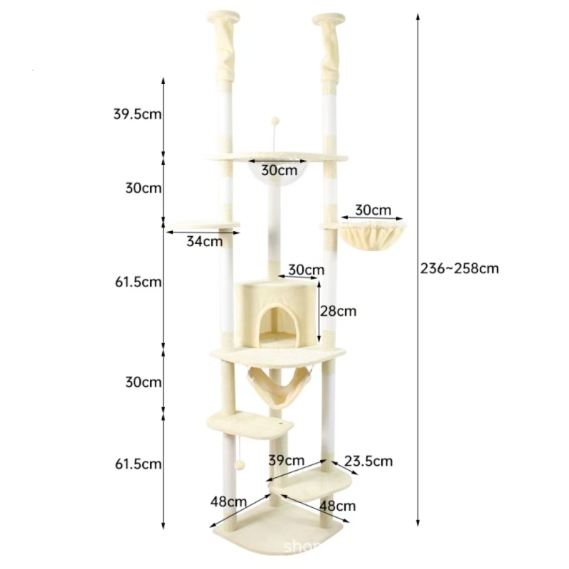 Floor to Ceiling Cat Tree Adjustable Cat Tower Tall Kitty Climbing Play House with Scratching Posts Cozy Condo Perches Hammock