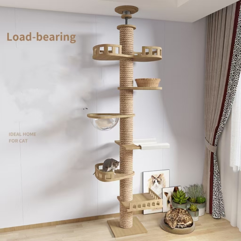 Solid Wood Cat Climbing Frame Adjustable Height Cat Tree Multi Tier Cats Trees Scratching Pet Condo Large Outdoor Climbing Tower