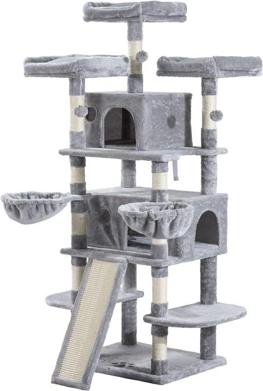 Multi story large indoor cat trees,tall cat crawls and cat apartments,comfortable plush habitats,and sisal hair grabbing pillars