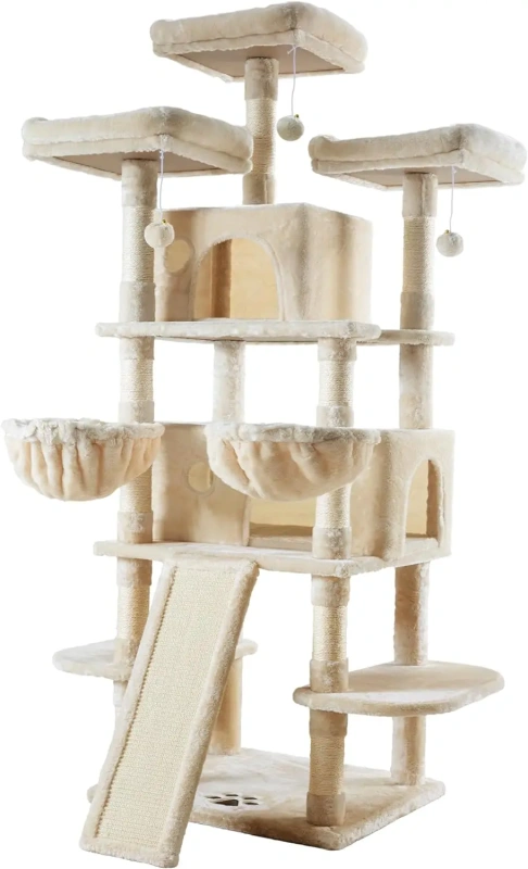 Multi story large indoor cat trees,tall cat crawls and cat apartments,comfortable plush habitats,and sisal hair grabbing pillars