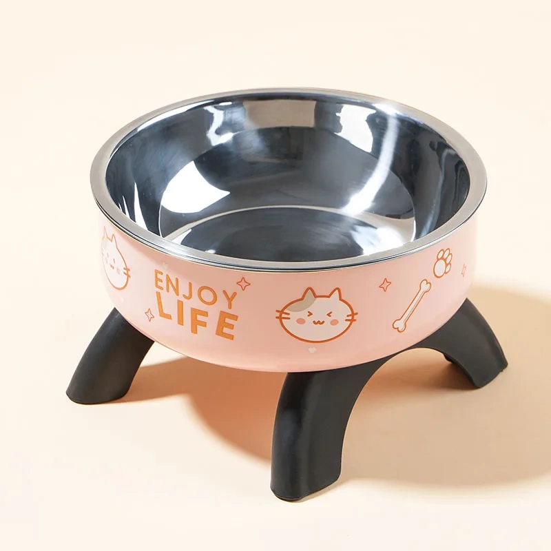 A cartoon printed high-legged pet bowl, large-capacity stainless steel dog bowl, neck-protecting cat bowl, universal fashion and