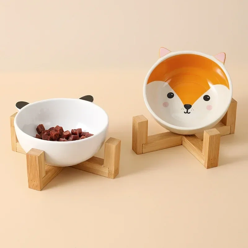 Pets Bowl Dog Cat Food Water Feeder Puppy Ceramic Drinking Dish Bowl With Wooden Rack Pet Cat Tableware