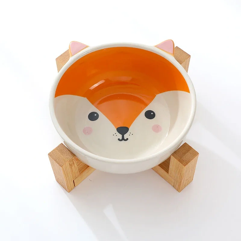 Pets Bowl Dog Cat Food Water Feeder Puppy Ceramic Drinking Dish Bowl With Wooden Rack Pet Cat Tableware