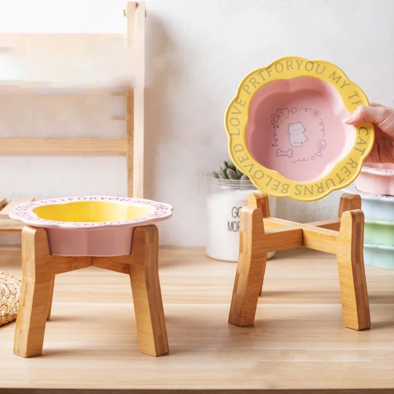 Persian Cat Bowl Anti-Black Chin Cat Canned Food Ceramic Bowl Small Dog Food Bowl With Wooden Shelf Anti-Knockover Water Cup