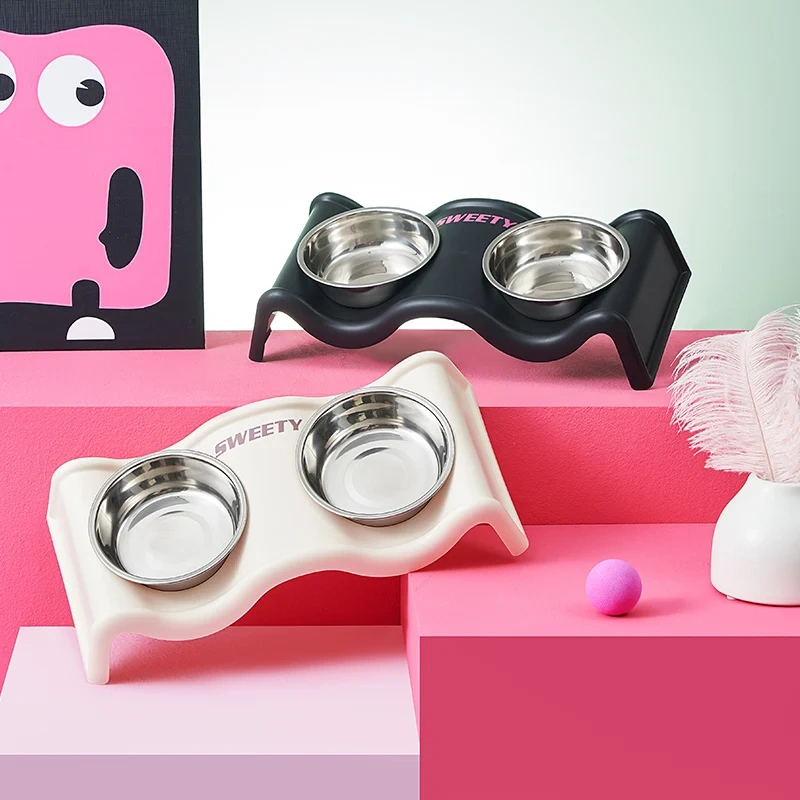 A rattle pet double bowl colorful fashion large capacity stainless steel dog bowl anti-tip feeding water pet double bowl indoor
