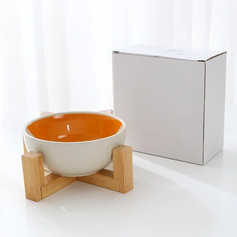 Pets Bowl Dog Cat Food Water Feeder Puppy Ceramic Drinking Dish Bowl With Wooden Rack Pet Cat Tableware