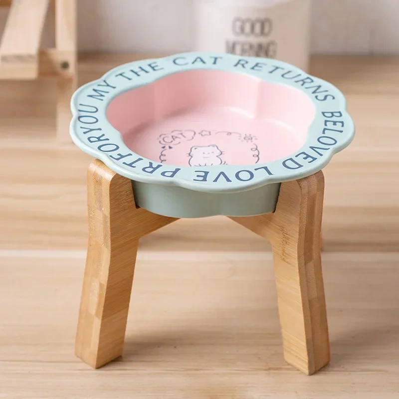Persian Cat Bowl Anti-Black Chin Cat Canned Food Ceramic Bowl Small Dog Food Bowl With Wooden Shelf Anti-Knockover Water Cup
