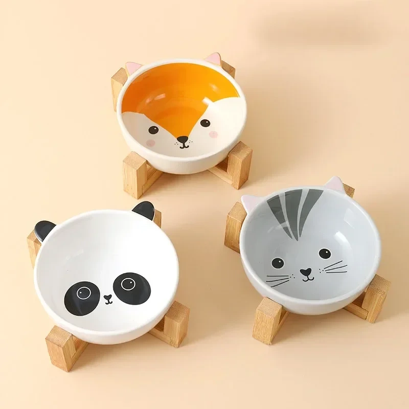 Pets Bowl Dog Cat Food Water Feeder Puppy Ceramic Drinking Dish Bowl With Wooden Rack Pet Cat Tableware