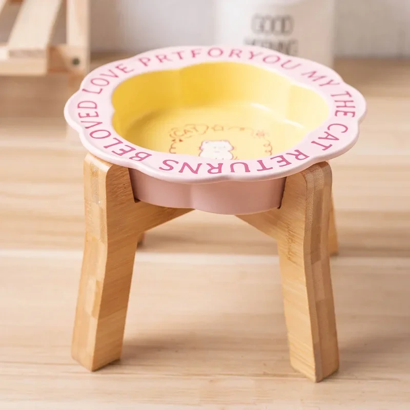 Persian Cat Bowl Anti-Black Chin Cat Canned Food Ceramic Bowl Small Dog Food Bowl With Wooden Shelf Anti-Knockover Water Cup