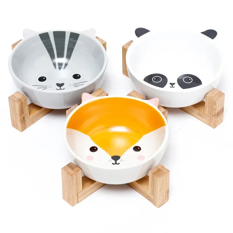 Pets Bowl Dog Cat Food Water Feeder Puppy Ceramic Drinking Dish Bowl With Wooden Rack Pet Cat Tableware