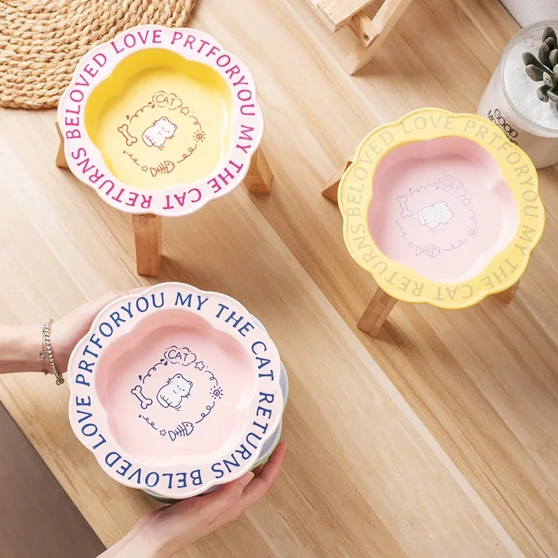 Persian Cat Bowl Anti-Black Chin Cat Canned Food Ceramic Bowl Small Dog Food Bowl With Wooden Shelf Anti-Knockover Water Cup