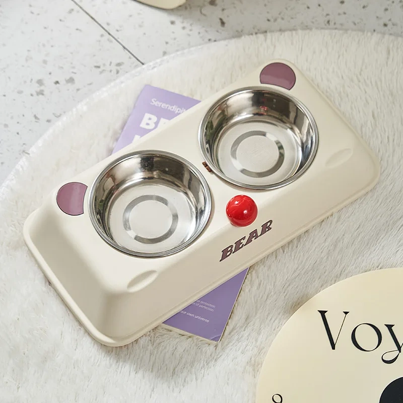 Factory Direct Raised Anti-slip Non-spill Stainless Steel Pet Cat Dog Food and Water Feeding Double Bowls with Resin tray