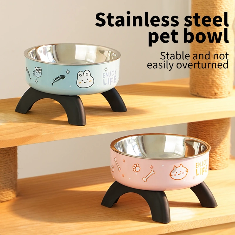 A cartoon printed high-legged pet bowl, large-capacity stainless steel dog bowl, neck-protecting cat bowl, universal fashion and