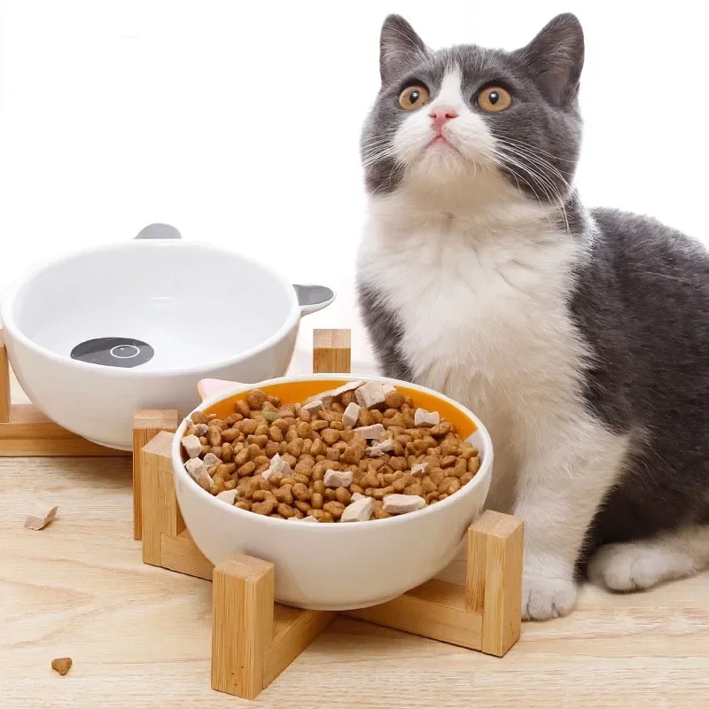 Pets Bowl Dog Cat Food Water Feeder Puppy Ceramic Drinking Dish Bowl With Wooden Rack Pet Cat Tableware
