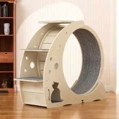 Lightweight OEM MOQ 4 In 1 Space Saving Pet Cat Treehouse Wooden Cat Sports Running Wheel With Food Bowl