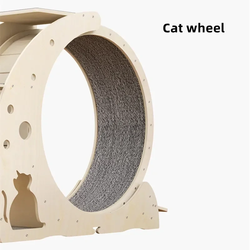 Lightweight OEM MOQ 4 In 1 Space Saving Pet Cat Treehouse Wooden Cat Sports Running Wheel With Food Bowl